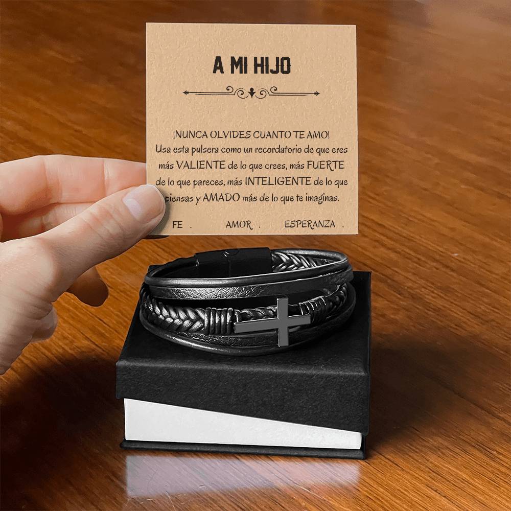 Pulsera Esperanza, Fe y Amor. Elegante Pulsera de Cuero Cruzada para Hombre