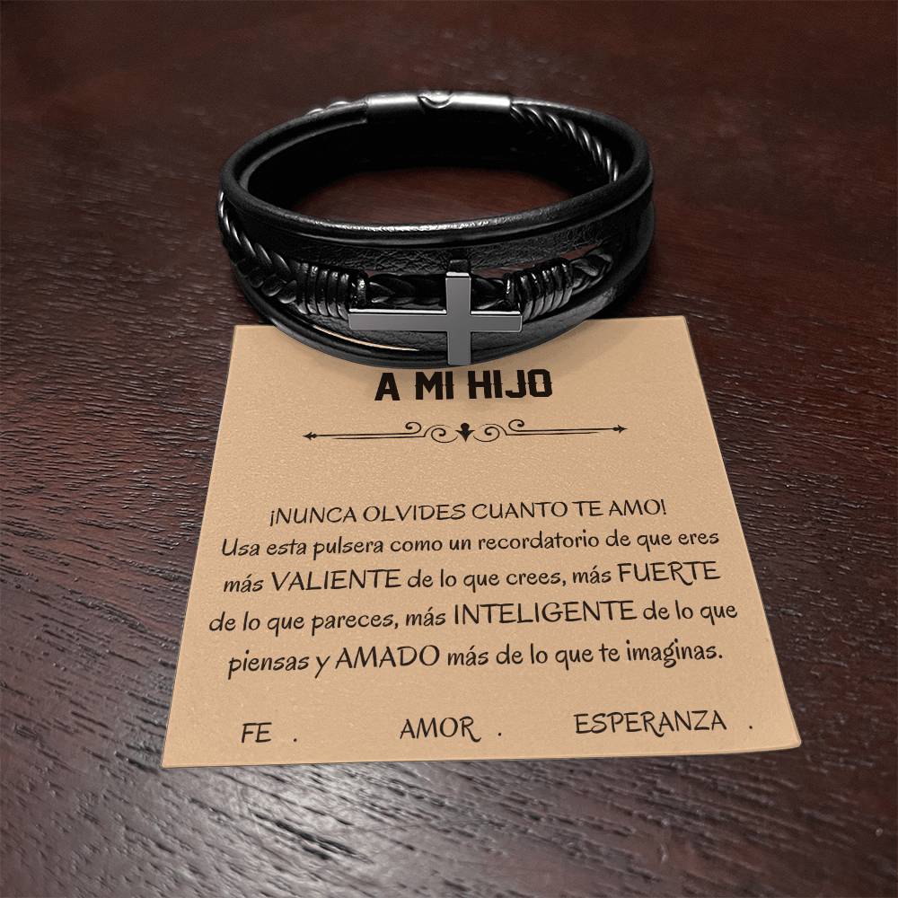 Pulsera Esperanza, Fe y Amor. Elegante Pulsera de Cuero Cruzada para Hombre