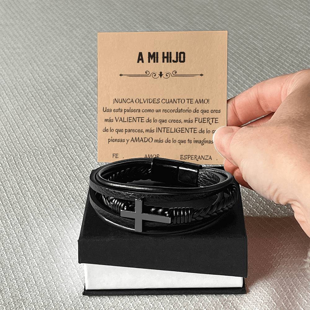Pulsera Esperanza, Fe y Amor. Elegante Pulsera de Cuero Cruzada para Hombre