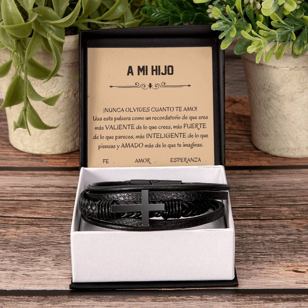 Pulsera Esperanza, Fe y Amor. Elegante Pulsera de Cuero Cruzada para Hombre
