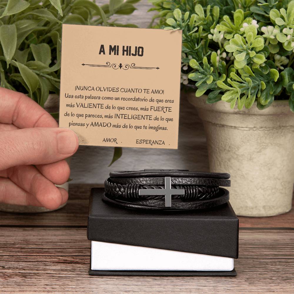 Pulsera Esperanza, Fe y Amor. Elegante Pulsera de Cuero Cruzada para Hombre