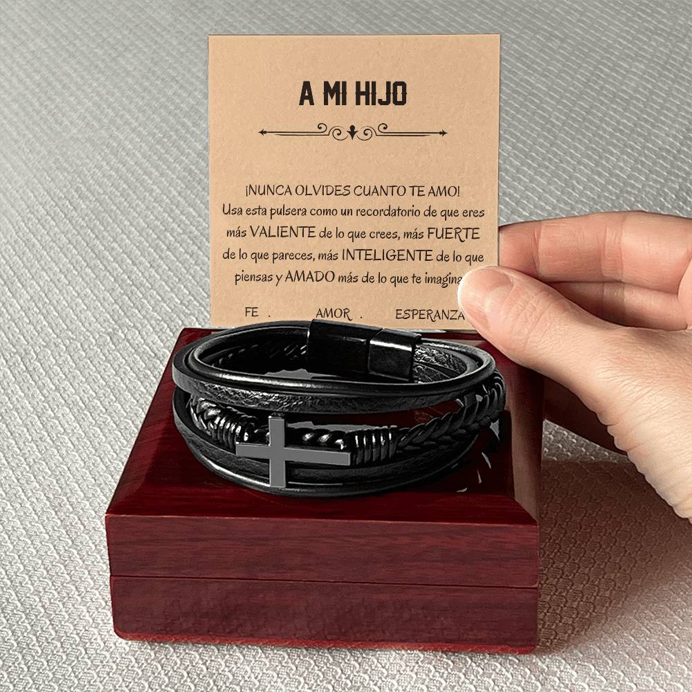 Pulsera Esperanza, Fe y Amor. Elegante Pulsera de Cuero Cruzada para Hombre