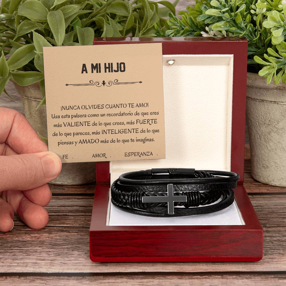 Pulsera Esperanza, Fe y Amor. Elegante Pulsera de Cuero Cruzada para Hombre